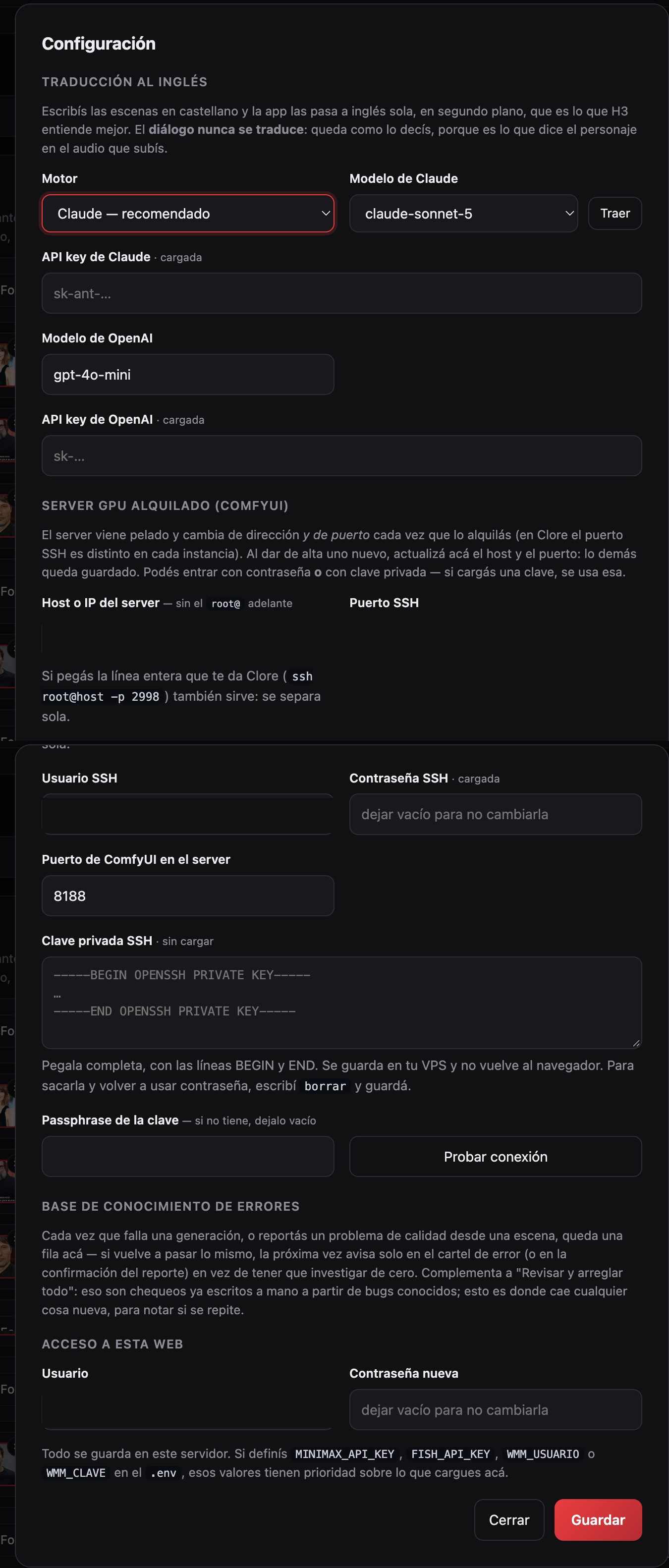 Pantalla de configuración de Video IA mostrando el motor de IA que traduce y escribe los prompts técnicos, con Claude como opción recomendada
